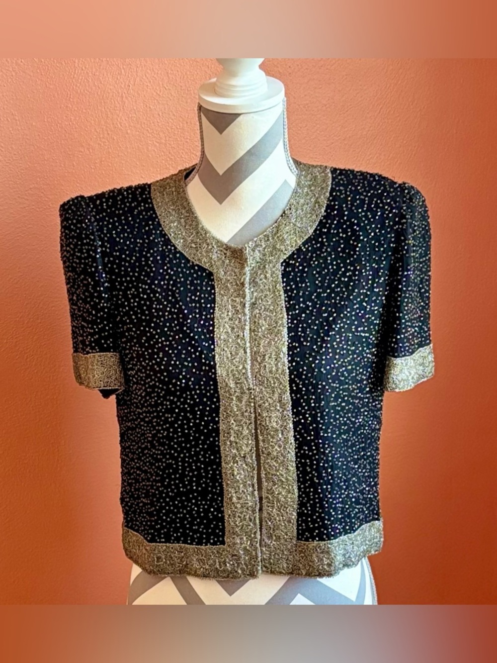 Stenay Black Short Sleeve Beaded Top with Gold Trim